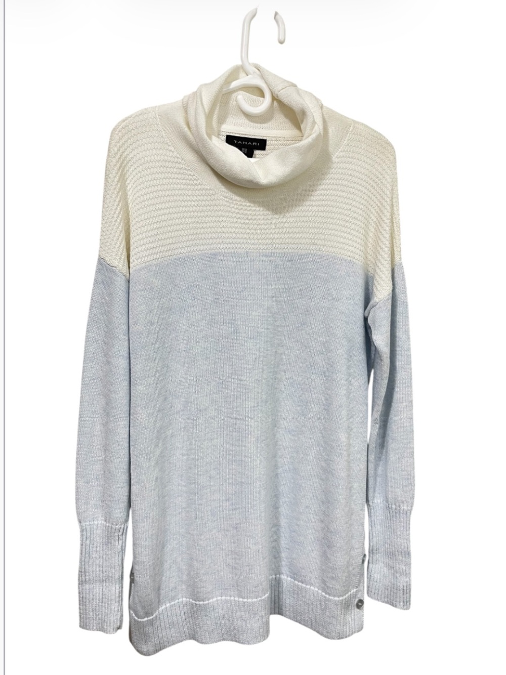 NWT Tahari Two-Tone Turtleneck Cowl Neck Sweater - Cream and Light Blue